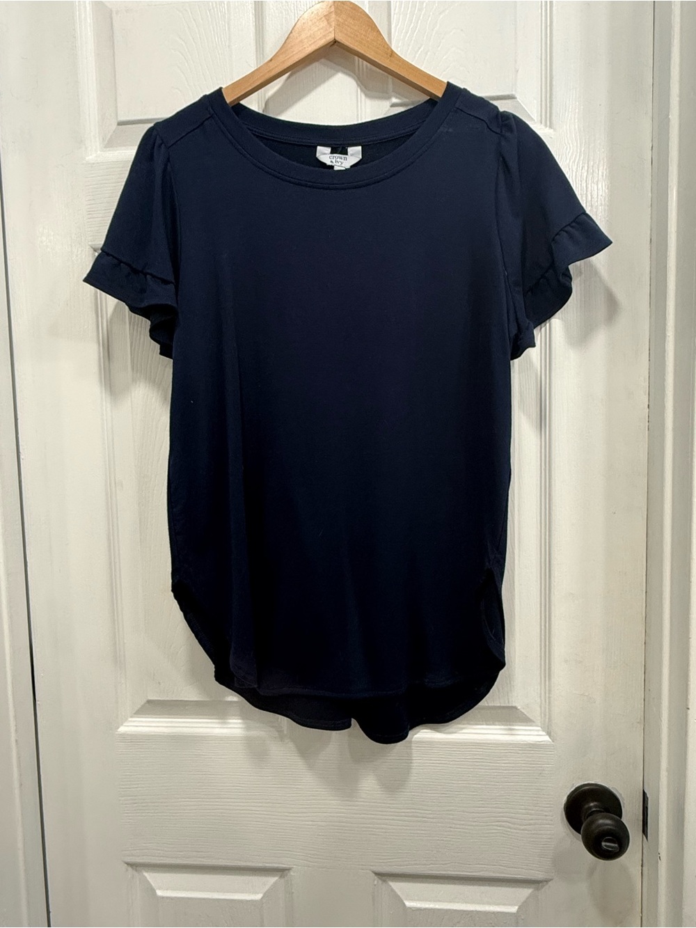 crown & ivy Navy Ruffle Sleeve Tee